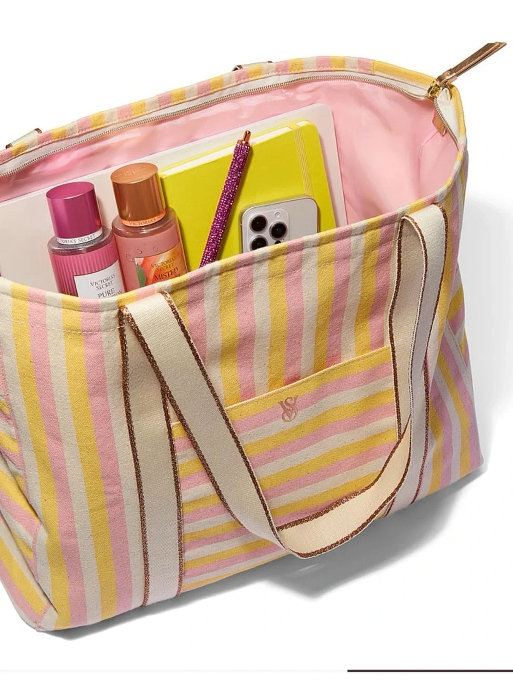 Victoria's Secret Pink, Yellow & White Striped Canvas Tote